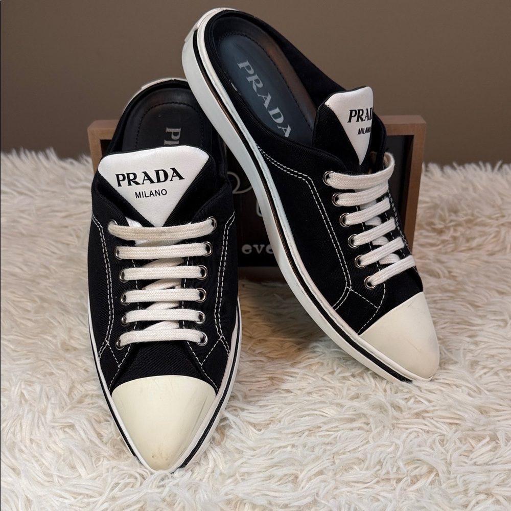 Prada Milano Canvas Sneakers Made in Italy Size 7 Slip-On Mule Style - Picture 2 of 9